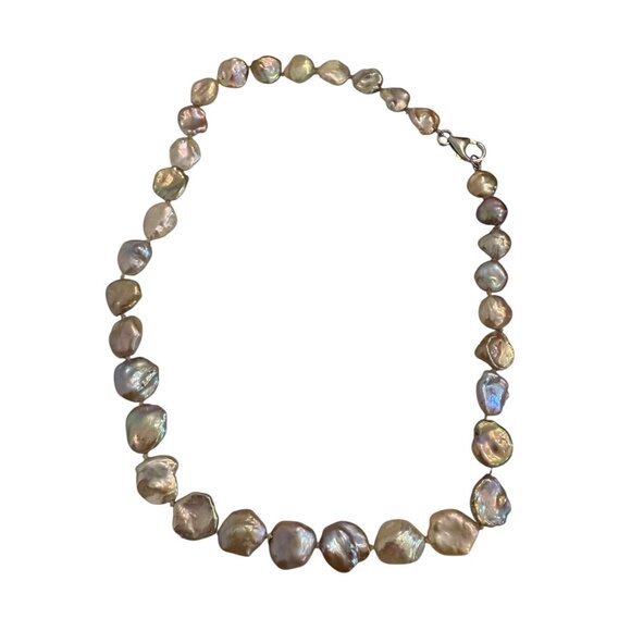 Keshi  Baroque Coin Pearls necklace Peacock Lavender Sterling Silver 9" Drop 18 - Picture 3 of 12